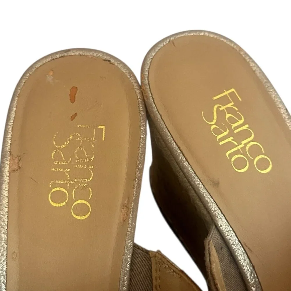 Franco Sarto Gold Slip-On Slide Wedge Sandals Metallic Comfort Size 9.5 Women's